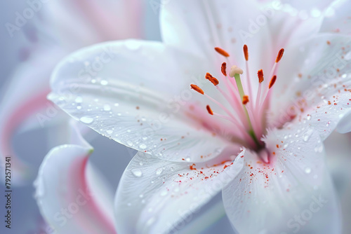 A close up of a white flower with red tips. The flower is drooping and has a wet appearance