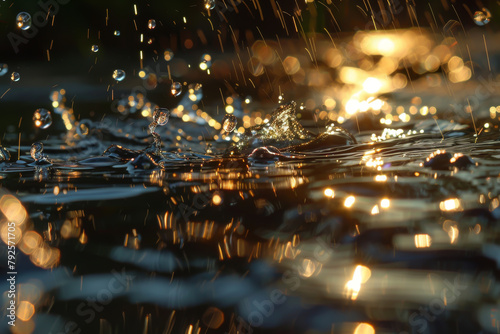 A beautiful reflection of the sun on the surface of a body of water. The water is filled with raindrops, creating a serene and peaceful atmosphere. The sunlight is shining through the raindrops
