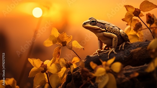 Frog silhouette at sunset, lone frog on a leaf against a golden sky, peaceful natural setting, minimalistic wildlife portrait