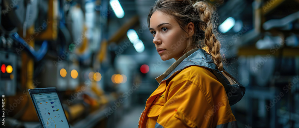 A female engineer with a laptop A programmable logic controller controls a massive fully automated, with empty copy space A female engineer with a laptop A programmable logic controller controls a massive fully automated, with empty copy space