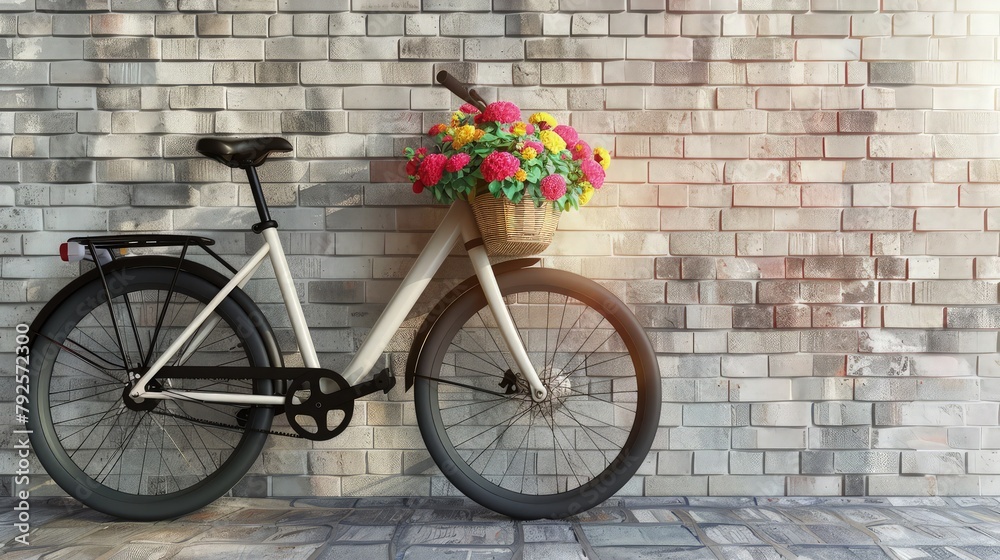 A fashionable city bicycle with a basket filled with colorful flowers, propped against a textured brick wall background, epitomizing modern luxury and eco-conscious style.