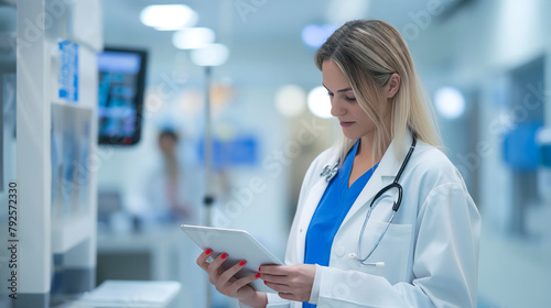 Amidst the spacious and well-lit interior of a state-of-the-art medical facility, an experienced female doctor in a pristine white coat focuses intently on her digital tablet