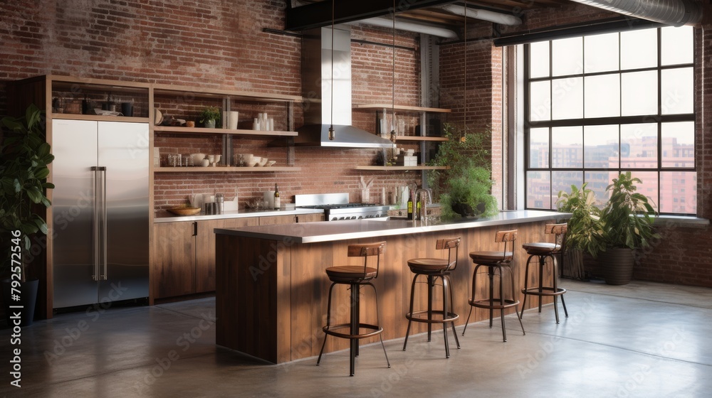 A kitchen with a brick wall and ample counter space for preparing and cooking meals