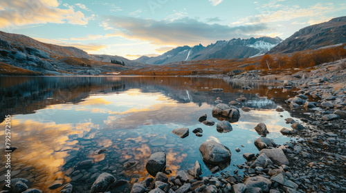 Beautiful mountain lake with water reflections at sunset and golden light during autumn