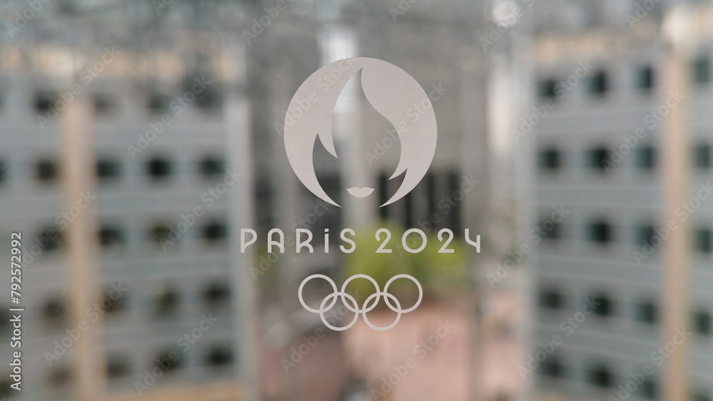 April 22th 2024 La Courbevoie France, metal logo of Paris 2024 Summer