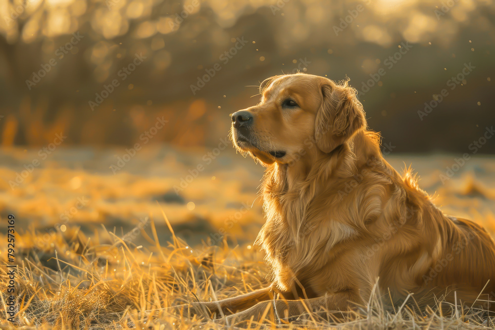 A golden retriever is laying in the grass, looking at the camera. The scene is peaceful and serene, with the dog being the main focus