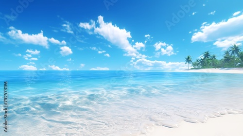 Tropical Paradise  Summer Vacation Beach with Blue Sky and Palm Trees  