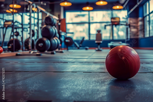 A red ball sits on a gym floor. The gym is full of equipment, including a row of weights and a bench photo