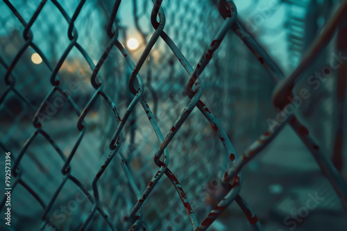 A close up of a chain link fence with red paint on it. The fence is surrounded by a dark blue sky