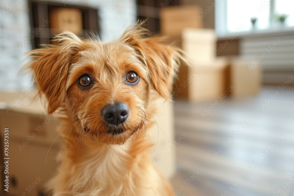 Cute brown dog sitting on a wooden floor in an empty room with boxes, moving Cute brown dog sitting on a wooden floor in an empty room with boxes, moving