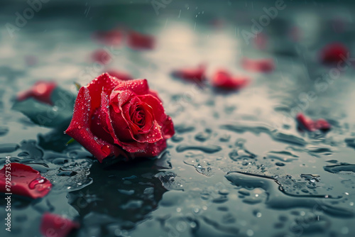 A single red rose is sitting on a wet surface. The water droplets on the rose give it a fresh and vibrant appearance. Concept of tranquility and beauty