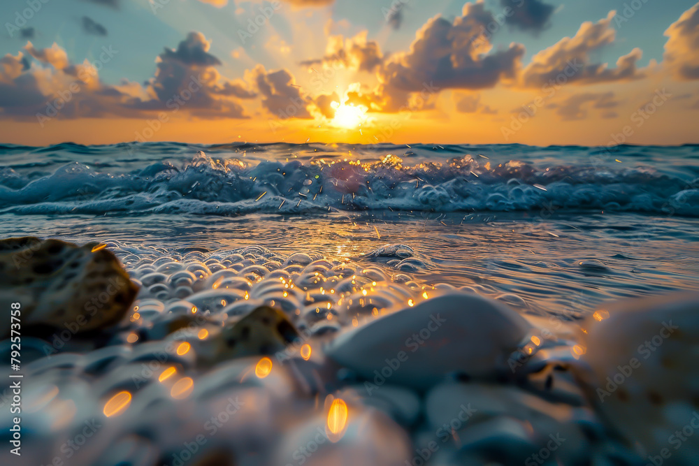 The ocean is calm and the sun is setting, creating a beautiful and serene atmosphere. The water is filled with small rocks and shells, adding a touch of natural beauty to the scene The ocean is calm and the sun is setting, creating a beautiful and serene atmosphere. The water is filled with small rocks and shells, adding a touch of natural beauty to the scene