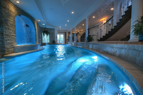 A large pool with a waterfall and a lighted pool. The pool is surrounded by a stone wall and has a staircase leading up to it