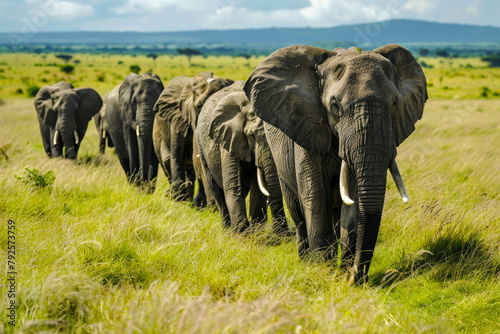 A herd of elephants walking across a grassy plain. The elephants are all facing the same direction, and one of them is the largest. The scene is peaceful and serene photo