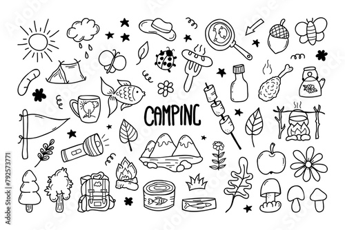 Vector set of camping in doodle style.  Hand-drawn travel elements. Stock isolated image on a white background.Cute doodle style icons.
