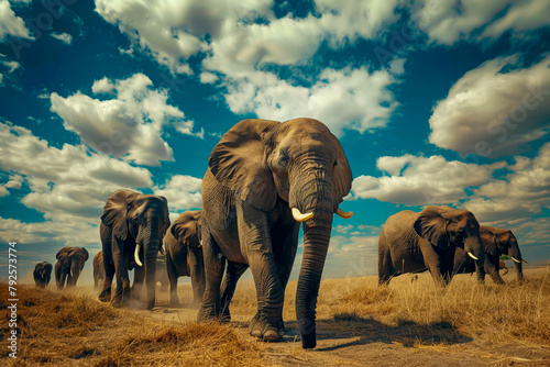 A herd of elephants walking across a field. The sky is blue and there are clouds in the background