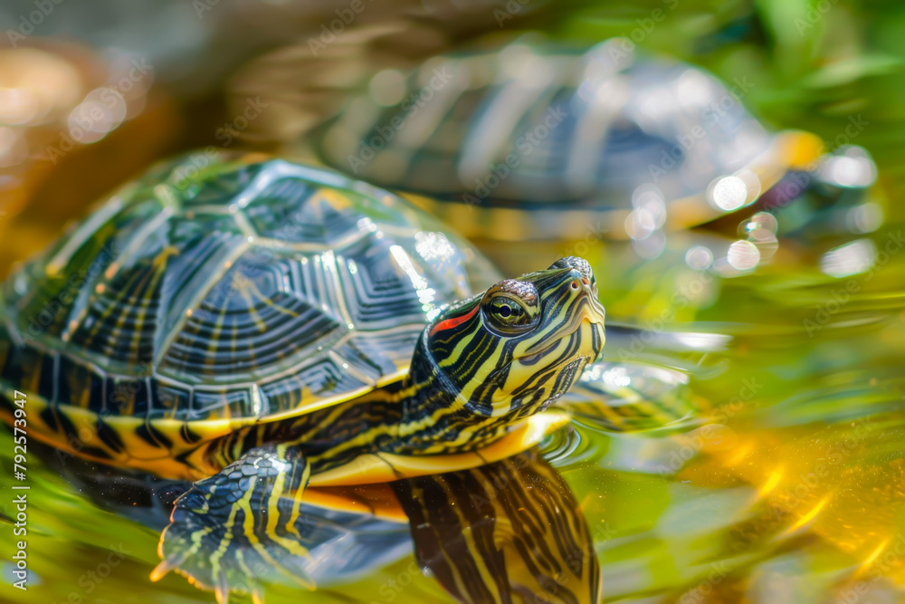 A turtle is swimming in a pond. The water is green and the turtle is yellow and black A turtle is swimming in a pond. The water is green and the turtle is yellow and black