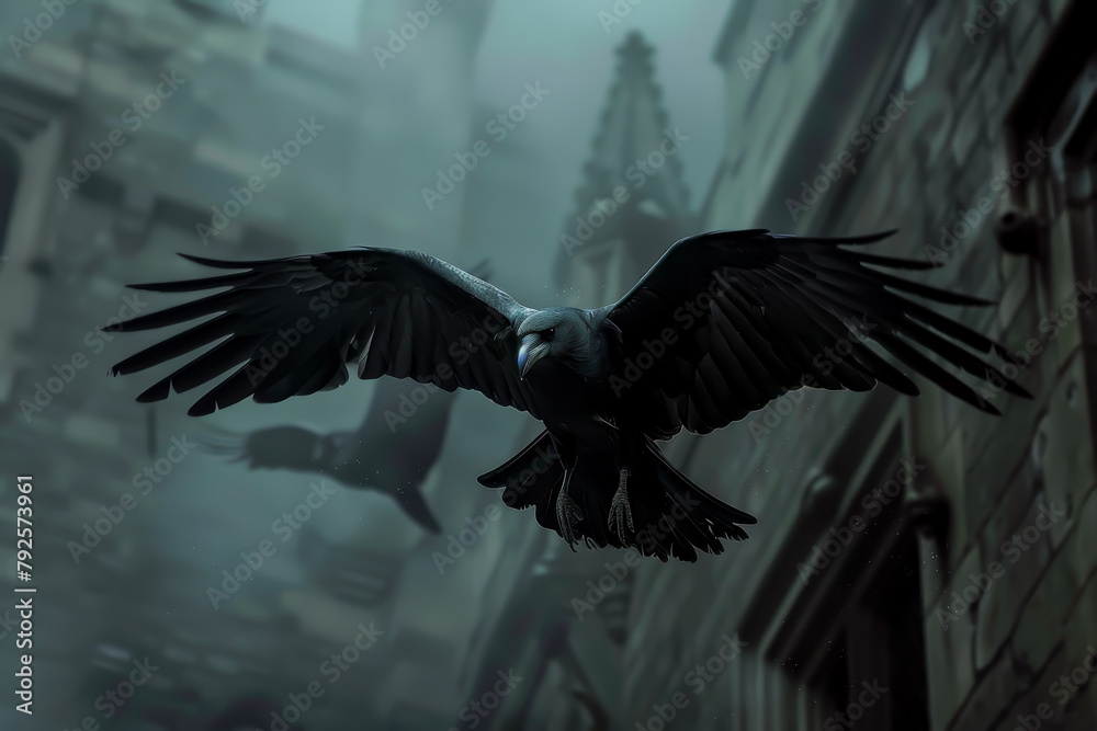 Naklejka premium A black crow is flying in the sky above a city. The image has a dark and mysterious mood, with the crow being the main focus