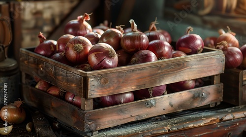 A wooden box full of onions