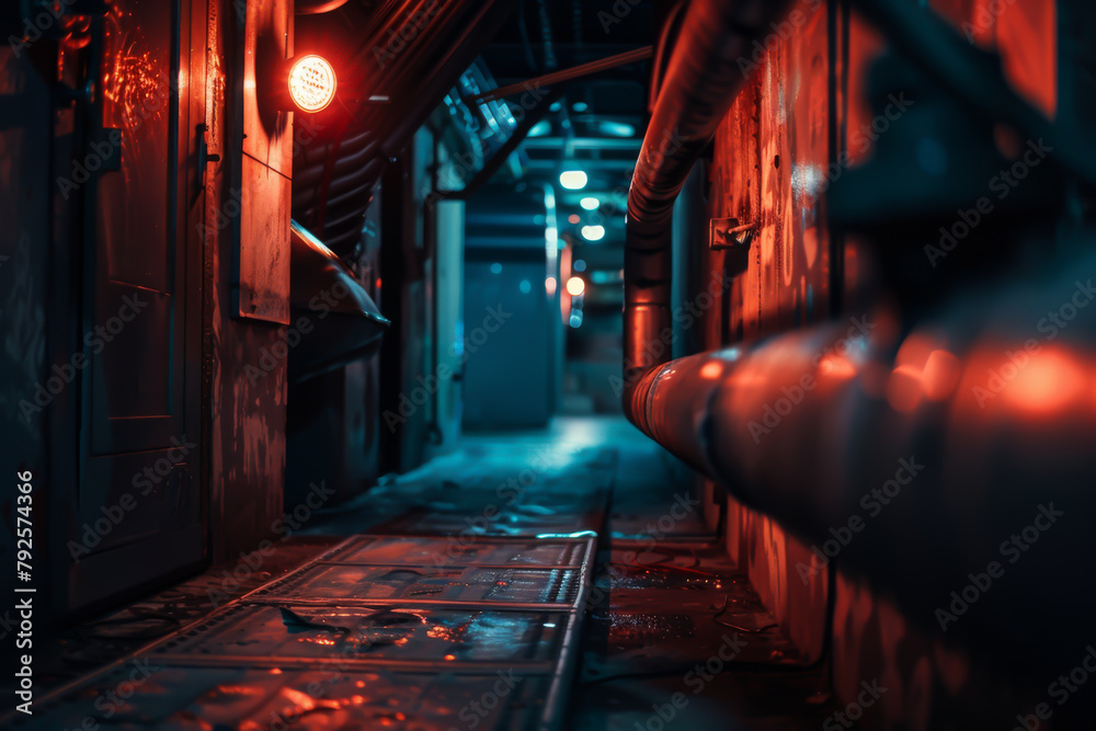 A dark, narrow hallway with a red light on the wall