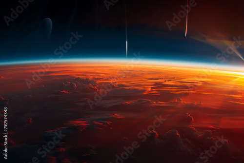 A beautiful view of the Earth from space with a red sun and clouds. The sky is filled with stars and the moon is visible in the background