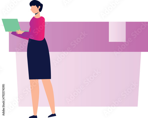 A girl is standing with a laptop.