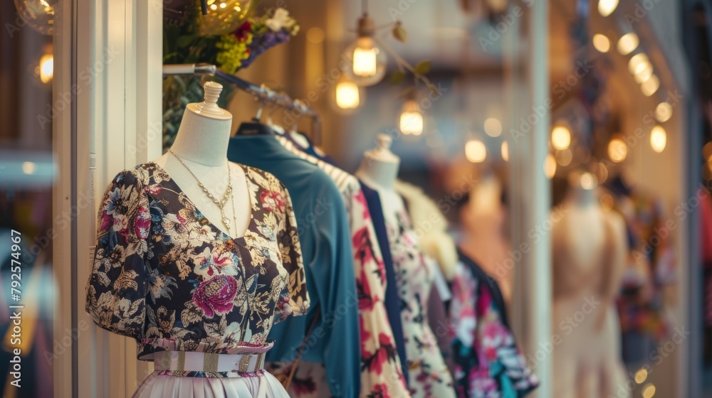 A store window display of clothing with a floral pattern