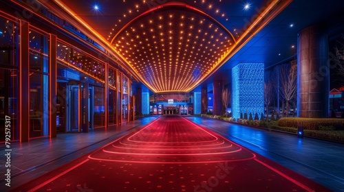 Luxury and Glamour: A photo of a glamorous casino entrance, with a red carpet, bright lights, and sleek, modern architecture © MAY