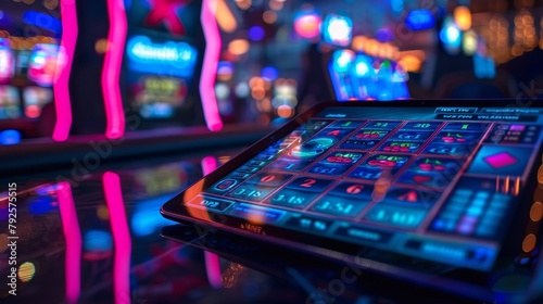 Online Casinos: A photo of a tablet device displaying a mobile casino app, with a realistic and immersive gaming experience