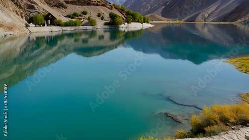 Scenic Panorama of Alaska's Natural Landscape Under a Blue Sky, Clouds and Reflections in a Tranquil Alaskan Park, Lake with a Glacier in the Background and Snow-Covered Mountains in a Serene View, Vi