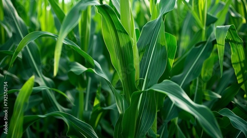 A field of vibrant green corn stalks symbolizing the renewable and natural nature of biofuels as opposed to the destructive and finite nature of fossil fuels. . photo