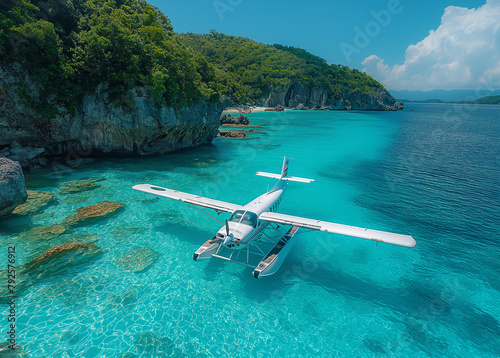 A seaplane taking off from a crystal-clear blue ocean with tropical islands in the background
