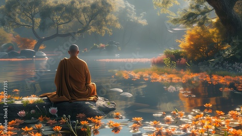 A monk gazes at their own reflection in a tranquil pond. © STKS