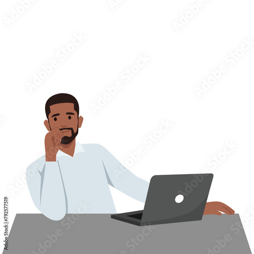 Young man thoughtful working on laptop at workplace having some questions. Flat vector illustration isolated on white background