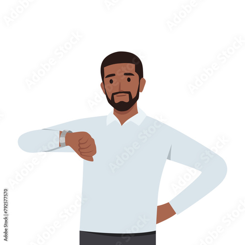 Young Successful businessman looks at his wrist watch. Flat vector illustration isolated on white background