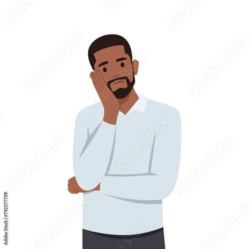Young thoughtful business man thinking hand on cheek. Flat vector illustration isolated on white background