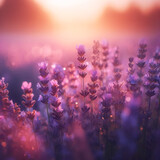 A field of lavender with a shallow depth of field, focusing on the individual flowers in the foreground while the background fades