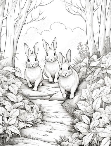 숲속의 토끼 가족, 컬러링 북, animal family, coloring book, simple line art, Illust photo