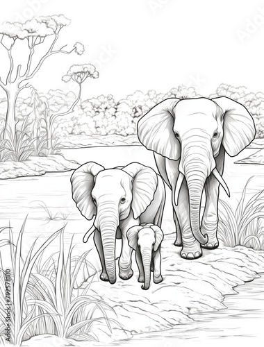 물가의 코끼리 가족, 컬러링 북, family of elephants, coloring book, simple line art, Illust