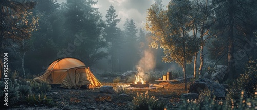 A serene camping scene with a tent pitched in the wilderness, accompanied by a campfire and mugs of Stray Wintech coffee. photo