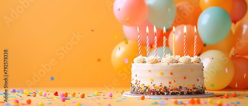 Birthday party with birthday cake, candles, balloons on orange background copy space