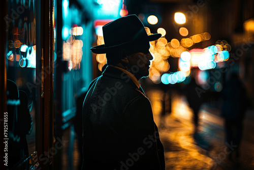 Generative AI image of man in trench coat and fedora standing at night rainy city