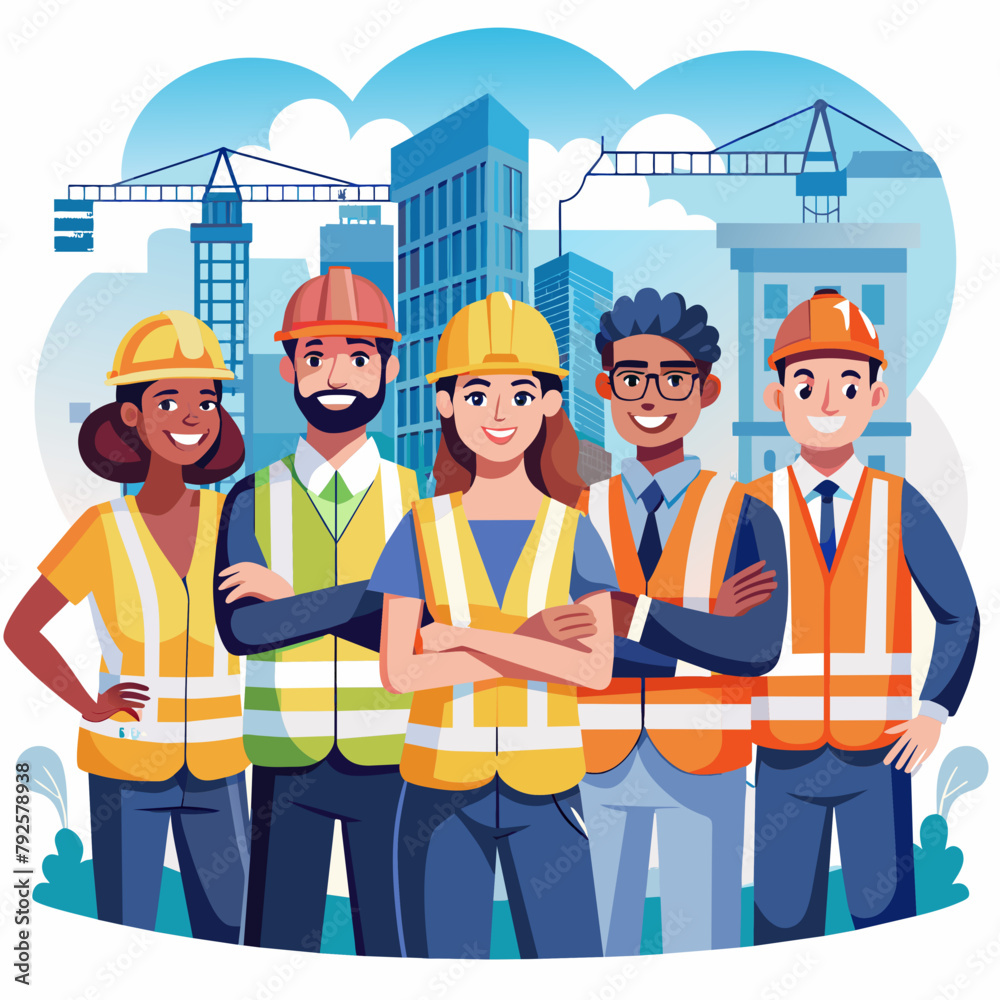 Engineer team holding hardhat standing in row ready for work.Worker diversity group wearing vest,ppe for safety in site train garage.
