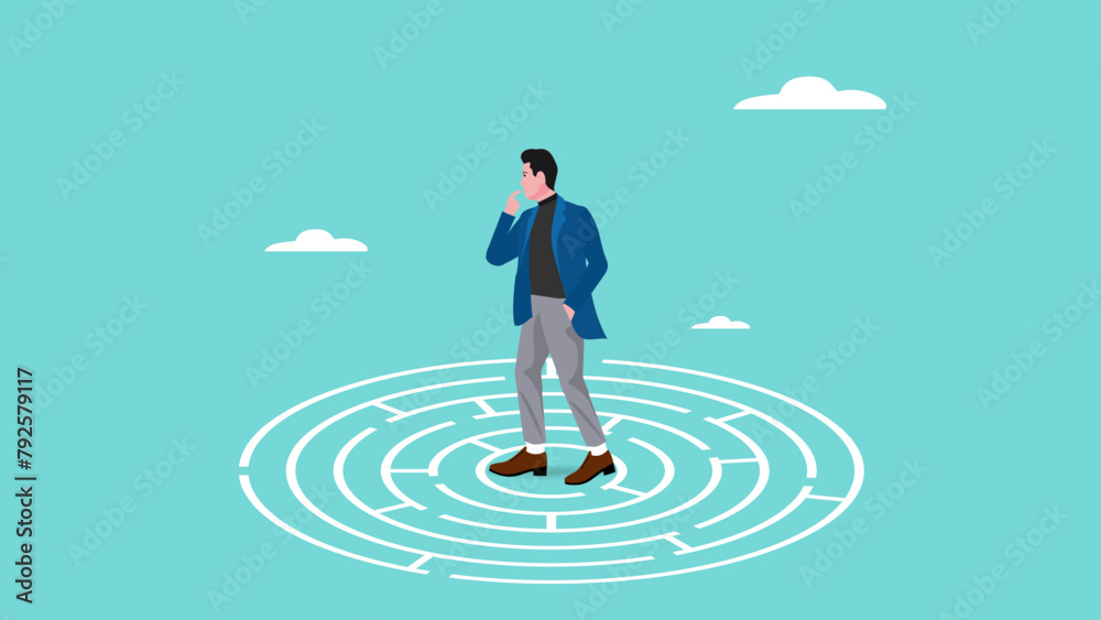 businessman standing in the middle of the maze thinking looking for a ...