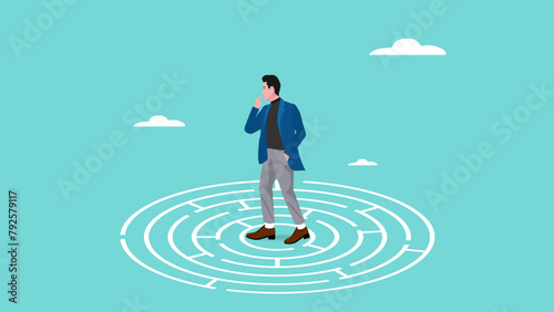 businessman standing in the middle of the maze thinking looking for a way out, problem solving concept, business people with maze puzzle, looking for solution or innovation in solving business problem