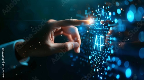 man hands touching AI word on screen with bokeh light , Ai technology and personal assistant trend concept, abstract background with copy space