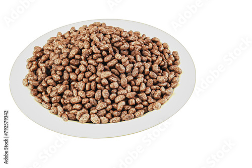 Breakfast with chocolate rice on isolated background  side view. Space for tex