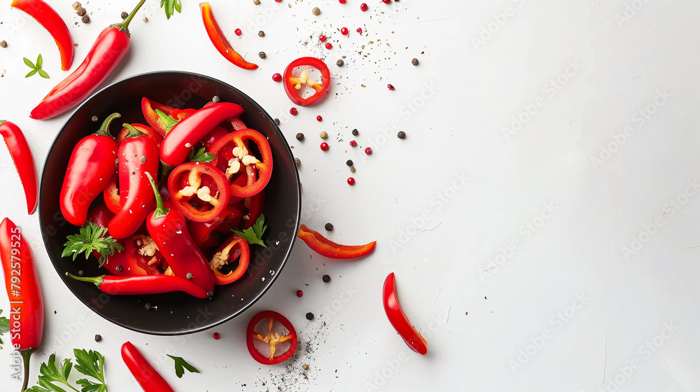 Red hot chilly pepper slices and peppers in a bowl on a white table, top view, space on the right Red hot chilly pepper slices and peppers in a bowl on a white table, top view, space on the right