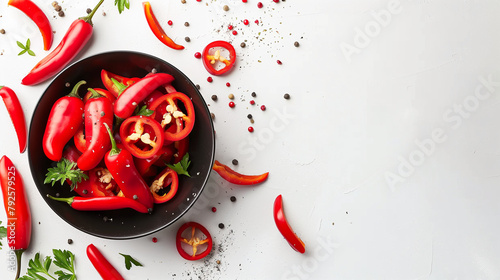 Red hot chilly pepper slices and peppers in a bowl on a white table, top view, space on the right