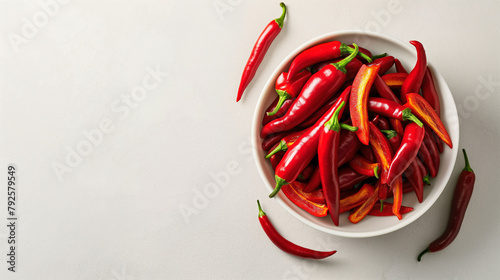Red hot chilly peppers in a bowl on a white table, aerial view, space on the right